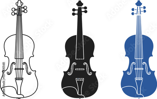Three violin illustrations in different styles on a white background display