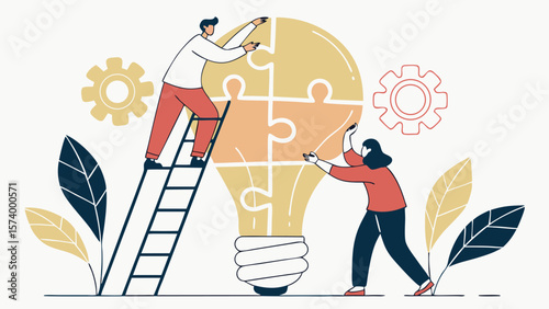Business Thinking and Creative Brainstorming Concept – Two Businessmen Holding Puzzle Pieces with Light Bulbs for Teamwork and Innovation (AI Generated)