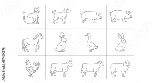Twelve Gray-Scale Line Drawings of Domestic Animals: Cat, Dog, Pig, Horse, Rabbit, Goose, Rooster, Cow, and Sheep