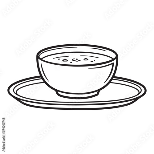 Hand drawn illustration of a bowl of soup resting on a matching plate in black and white