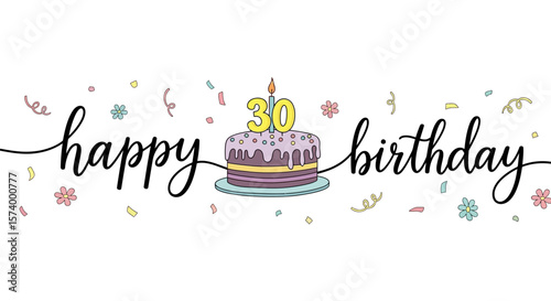 Colorful "Happy Birthday" Text with Cake and Confetti Illustration