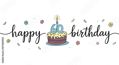 Canvas Print Happy 60th Birthday Cartoon Cake with Candle Design