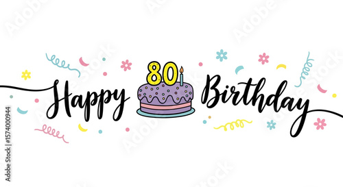 Happy 80th Birthday Celebration Banner with Purple Cake and Confetti