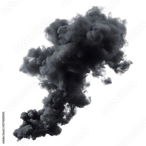 Dark grey smoke plume ascending against black billowing