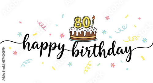 Illustrated Happy 80th Birthday Cake with Confetti and Candle