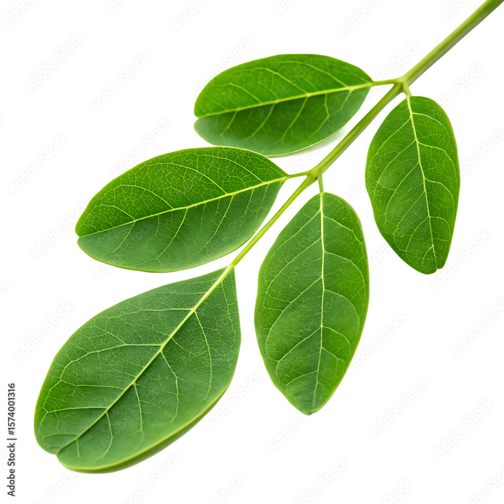 Fototapeta premium A single fresh green moringa leaf from the drumstick tree, a healthy superfood, isolated on a transparent background png