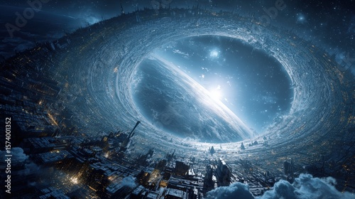 Futuristic Cityscape within a Galactic Ring: A Night Scene of Blue and White Lights