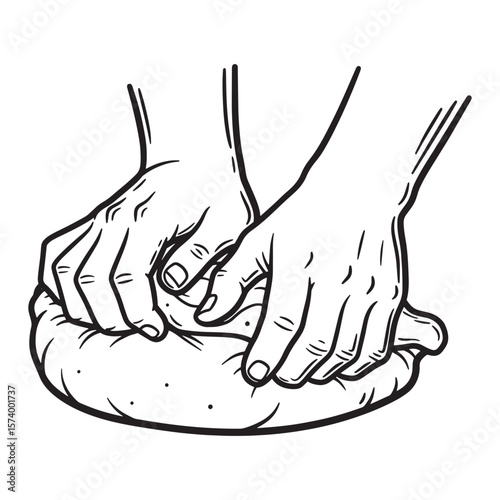 Human hands kneading dough in black and white line art illustration for culinary projects