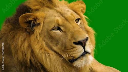 Close up of a male lion relaxing calmly against a green background