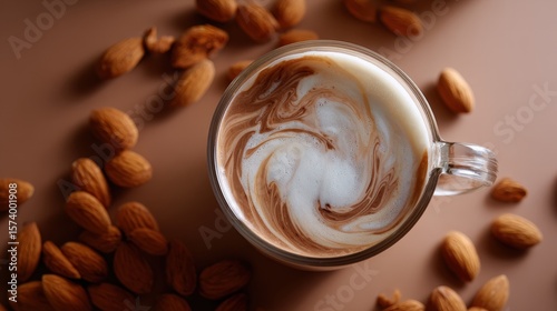 Creamy Almond Milk Drink in Glass Mug Surrounded by Almonds