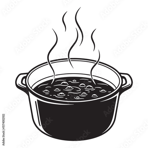 Illustration of a cooking pot with hot soup boiling in black and white design