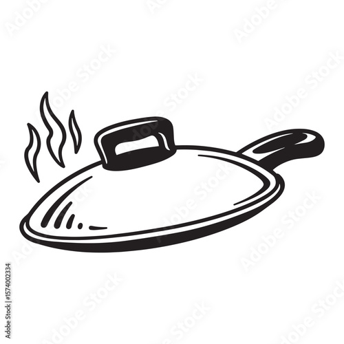 Monochrome illustration of a frying pan with lid and steam emanating from the hot cooking