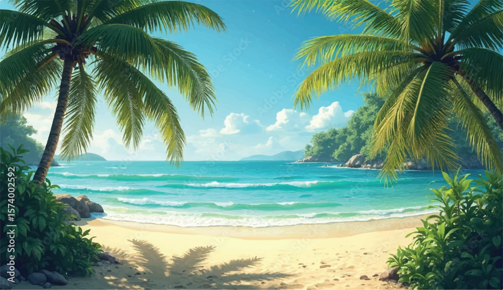 Fototapeta premium panorama of tropical beach with coconut palm trees Sunny tropical beach with palm trees A colorful travel and holiday summer card with palm trees, and ocean view, palm trees, summer, view