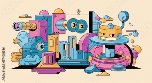 A Whimsical Retro-Futuristic Mechanical Landscape with Playful Characters and Abstract Forms