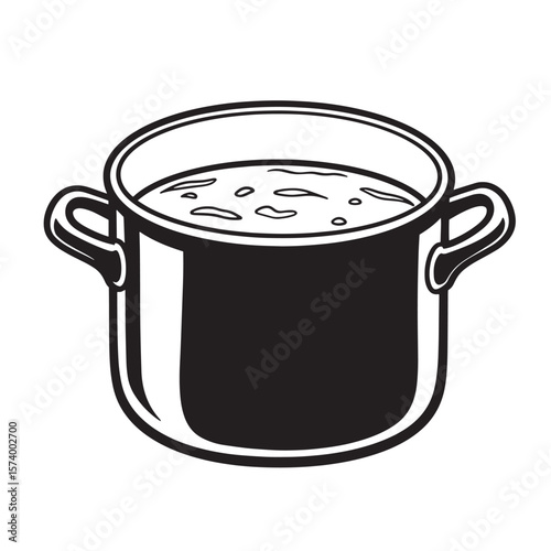 Simple black and white illustration of a cooking pot with food inside on a white background