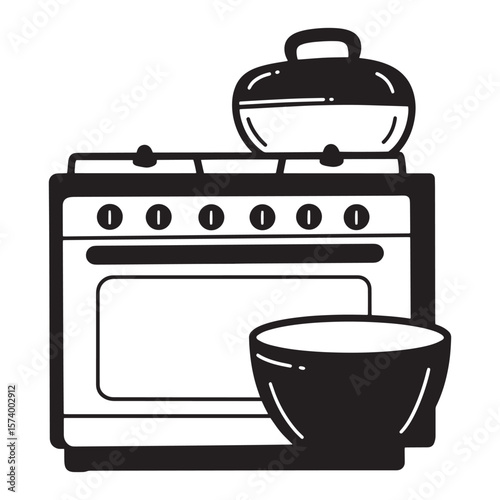 Simple black and white illustration of a kitchen stove pot and serving bowl