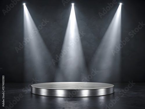 Wallpaper Mural Empty silver stage podium illuminated by three bright spotlights in a dark room Torontodigital.ca