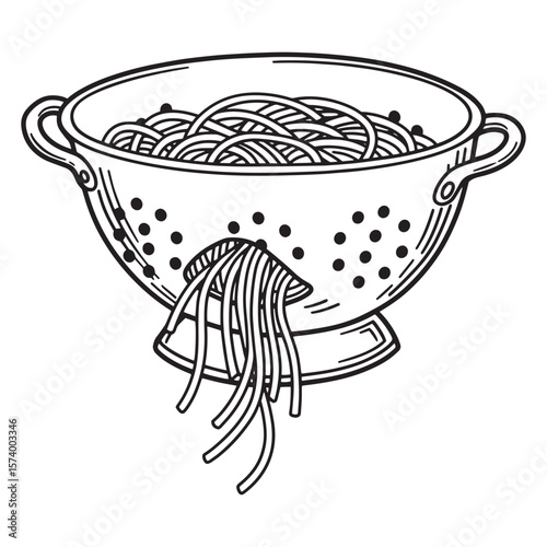 Simple line art illustration of spaghetti draining in a colander for culinary design