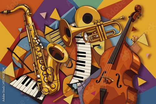 abstract geometric shapes, bright colors, musical instruments, energy, jazz, cubist style, digital art, spirited and animated representation of a jazz big band, formed exclusively from geometric shape