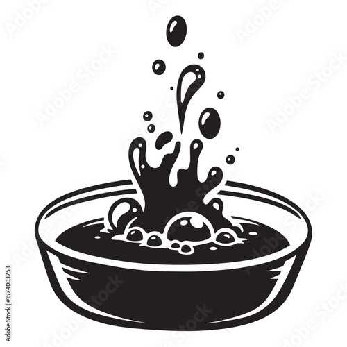 Vector illustration of a bowl of liquid splashing upwards with bubbles and droplets in black and white