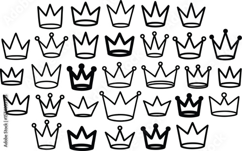Collection of outlined crowns arranged on a parchment background in a repeating pattern design style