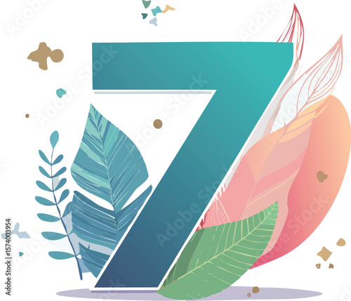 Pastel Abstract Shapes and Hand-Drawn Tropical Leaves with Number 7 – Elegant Botanical Illustration in Soft Tones