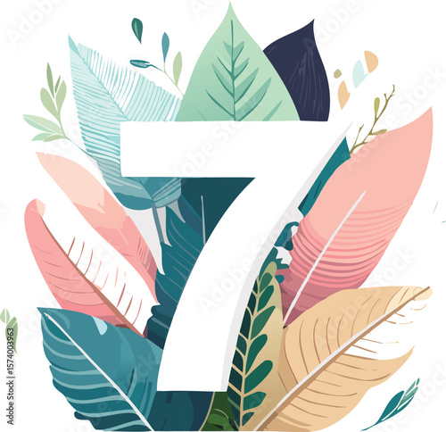 Pastel Abstract Shapes and Hand-Drawn Tropical Leaves with Number 7 – Elegant Botanical Illustration in Soft Tones