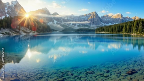 Scenic Alpine Lake with Snow-Capped Mountains and Autumn Foliage