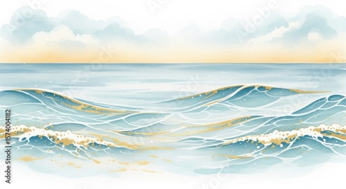 Gentle Ocean Waves Under a Soft Sky with Wispy Clouds and Warm Sunset Hues