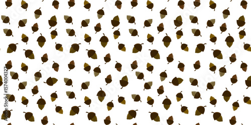 Seamless vector pattern of scattered autumn acorns in earthy tones on a crisp white background. Perfect for minimalist fall designs, rustic decor, and natural themes.