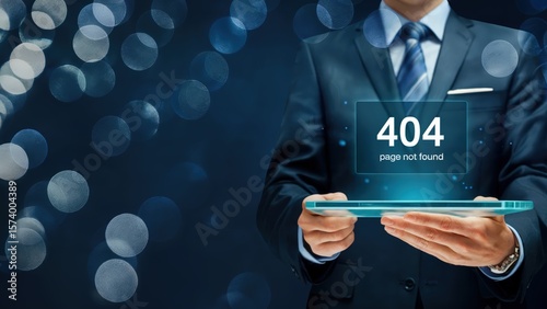 Businessman holding digital tablet showing error 404 page not found message