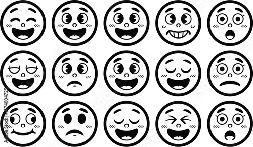 Fifteen cartoon emoji faces showing various emotions arranged in a grid pattern on a beige background