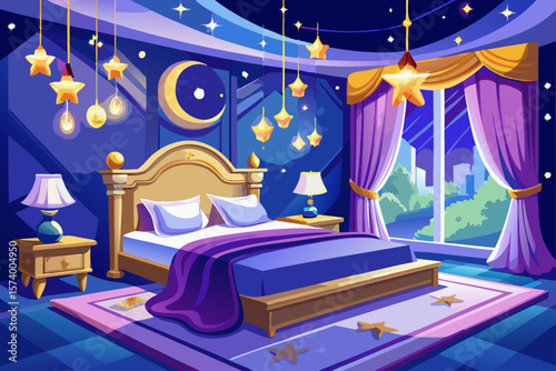 vector of Luxurious bedroom with white sheets and floating stars.