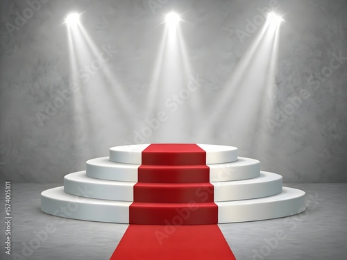 Empty multi tiered white podium with red carpet and spotlights on concrete background