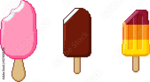 Pixel art ice cream set. 8-bit style frozen treats on sticks - fruity and layered popsicles, chocolate covered bars. Retro dessert graphics for summer themes and game UI.