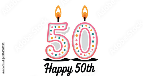 A festive image showing two candles shaped like the number fifty with happy fiftieth message below it