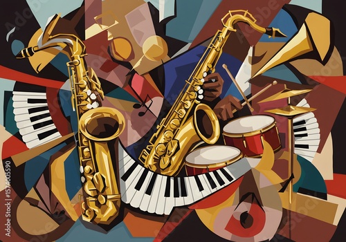 energy jazz cubist style, digital art, A spirited and animated representation of a jazz big band, formed exclusively from geometric shapes. bright colors, musical instruments,