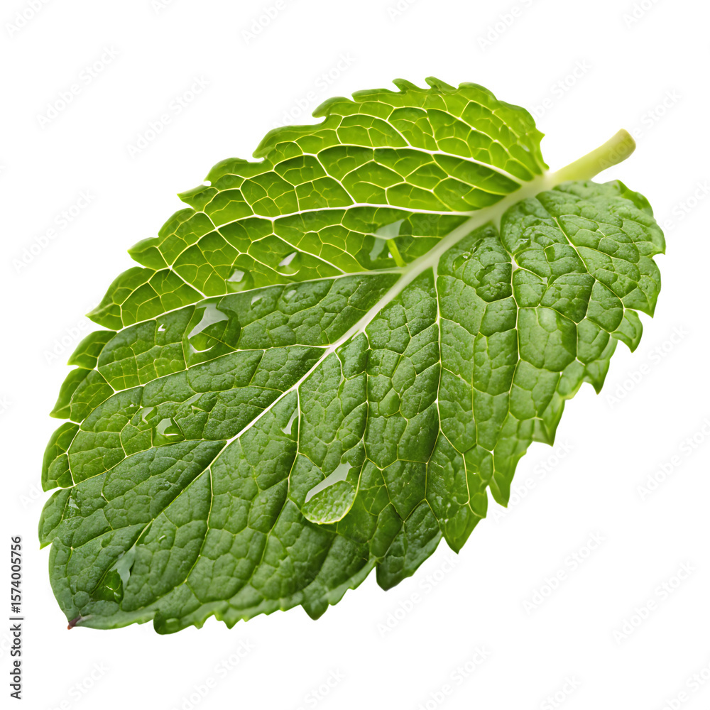 Obraz premium A single fresh, green mint leaf with a serrated edge, an aromatic culinary herb, isolated on a transparent background png