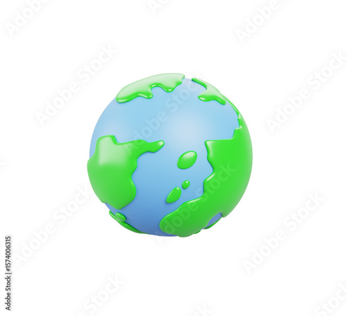 Fototapeta Naklejka Na Ścianę i Meble -  Earth planet cartoon 3d render icon. World, blue planet with oceans, green continents and texture surface. Save planet and ecology concept. Globe model isolated graphic design element