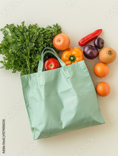 Reusable Grocery Bag with Fresh Vegetables on Beige Background. Mint green shopping bag filled with fresh vegetables including peppers and greens.