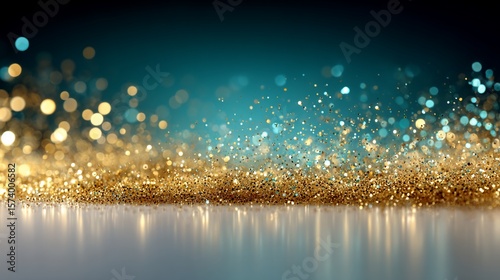 Golden and teal glitter sparkle on dark background