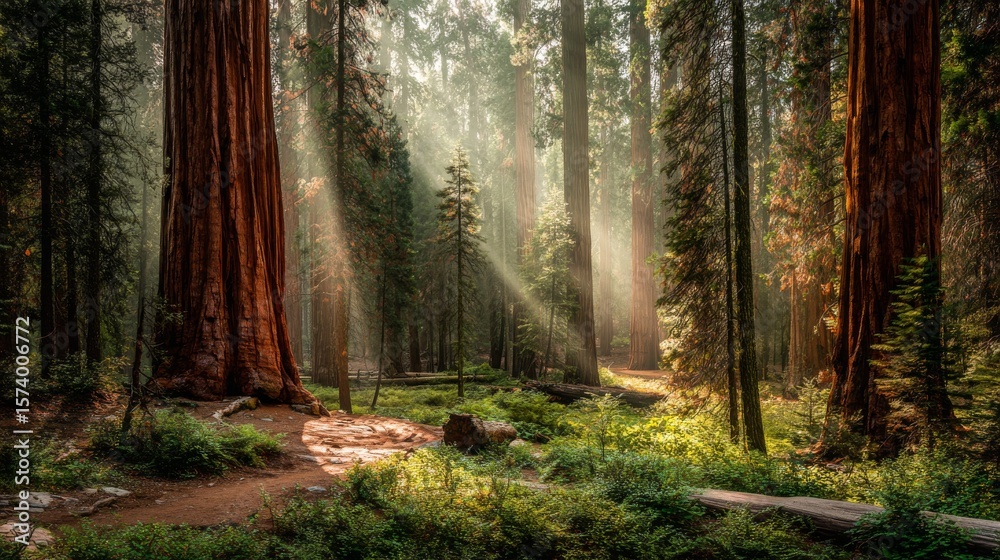 Fototapeta premium Enchanted Misty Forest with Towering Red-Barked Trees and Sunbeams Piercing Ancient Canopy