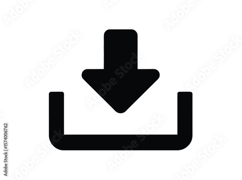 A black download icon with an arrow pointing down into a box on a white background simple design