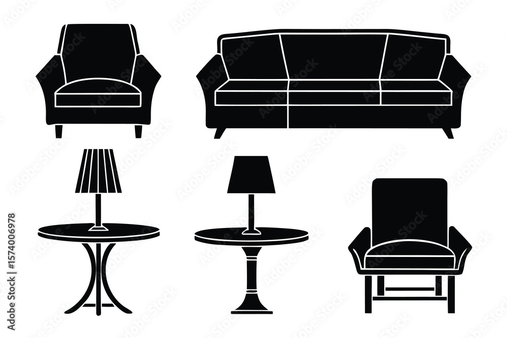 Fototapeta premium Black silhouette living room furniture set couch armchairs tables and lamps
