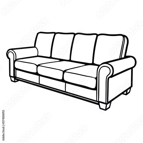 Black and white outline illustration of a comfortable four seater sofa