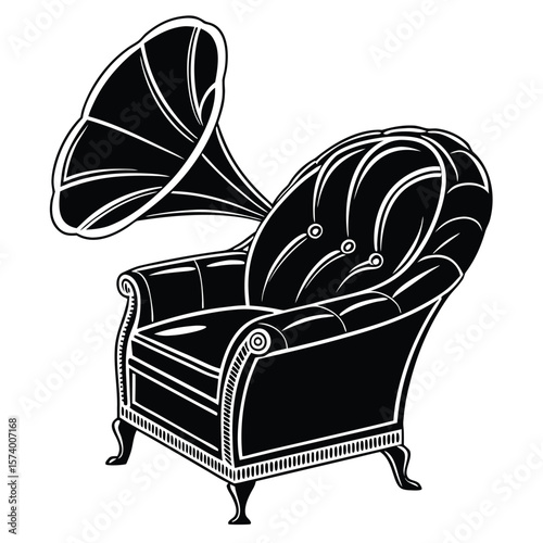 Elegant black and white illustration of vintage armchair with gramophone detail