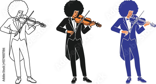 Three illustrations of a person in formal wear playing a violin with afro hair