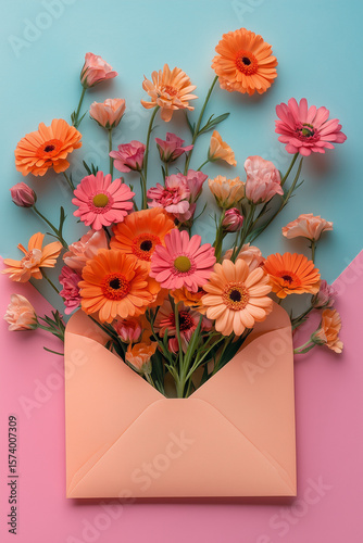 Colorful Flowers in Peach Envelope on Pastel Background. Creative floral arrangement with pink and orange flowers emerging from a peach envelope, set on a pastel blue and pink background.