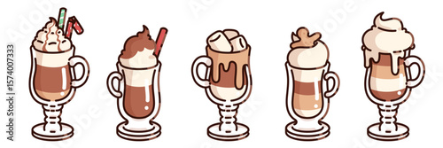 Christmas coffee cup set with layered latte glasses - whipped cream topped with candy cane straws, chocolate swirl drink, hot cocoa dripping marshmallows, macchiato with foam art and mocha overflow.