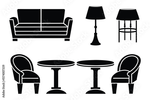Minimalist vector illustration of living room furniture including couch armchairs and lamps